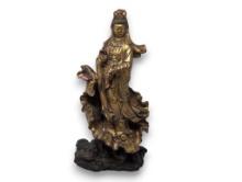 (LR) ANTIQUE CHINESE RED GILT WOOD CARVED STATUE SCULPTURE OF GUAN KWAN YIN. SHOWS HER STANDING ON