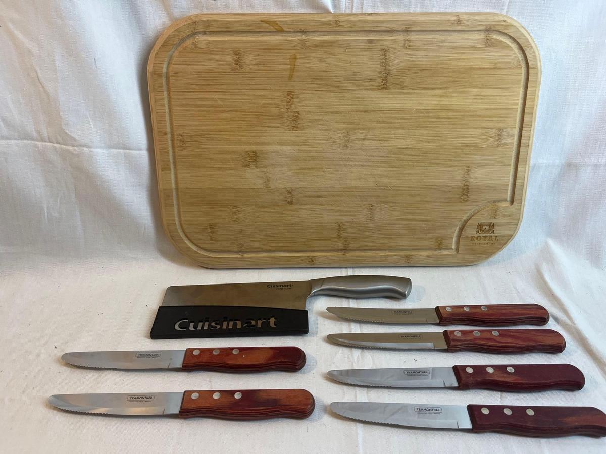 Knife and cutting board lot. Steak knives by Tramontina. Cuisinart cleaver. Cutting board by Royal.