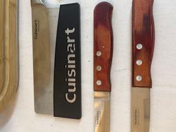 Knife and cutting board lot. Steak knives by Tramontina. Cuisinart cleaver. Cutting board by Royal.