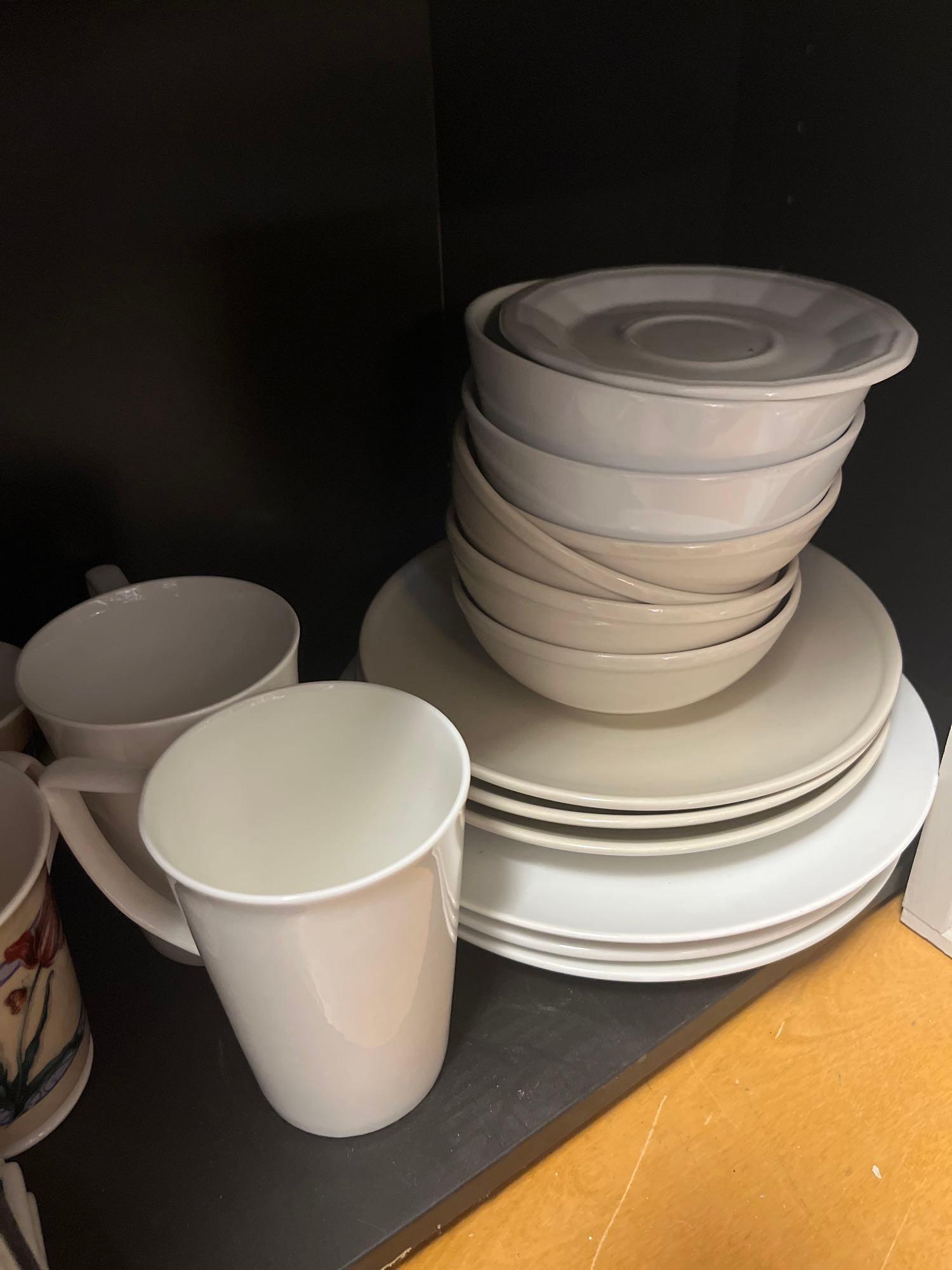Huge lot, shelf not included. White large bowl, cow milk server, cookie jar, mugs, bowls, plates,