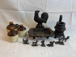 Vintage - cast iron rooster soap dish, small cast iron animals, set of little brown jugs