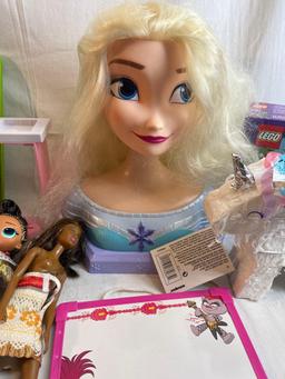 Large toy lot including a large JoJo...Siwa toy box. Doll head, Frozen metal lunch box, plush My