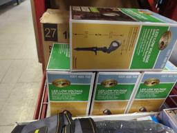 Shelf Lot of Assorted Items to Include, A Box Of 5 54 ft 16/3 Green Out door Ext Cords, Hampton Bay