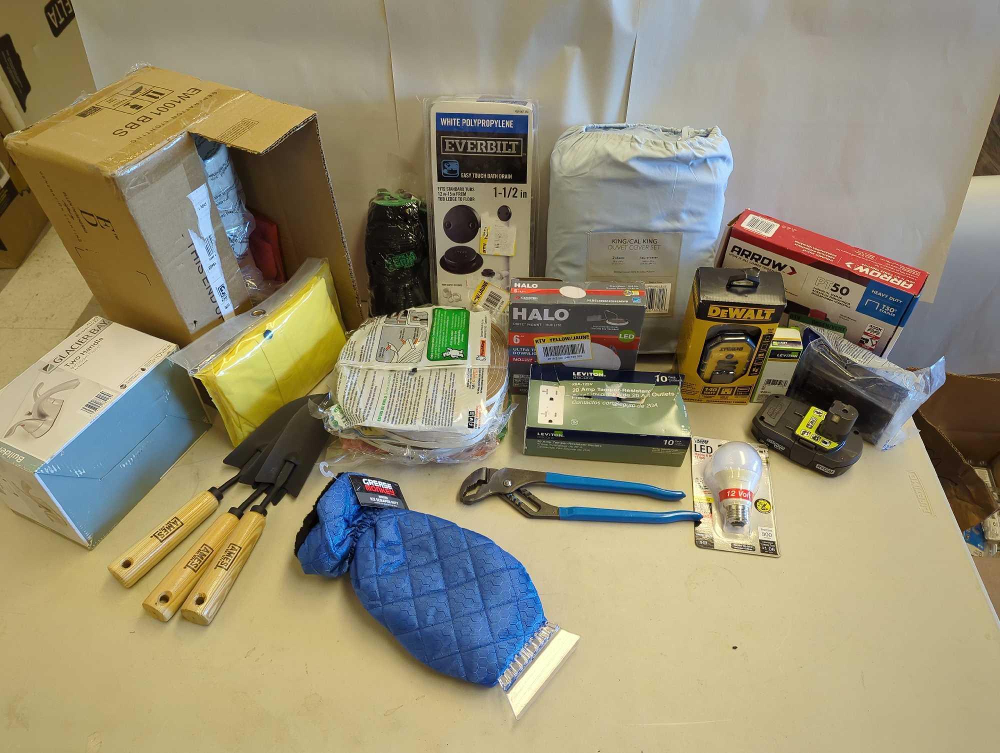 Box lot of assorted items including glacier Bay, bathroom faucet, gorilla grip work gloves, LED