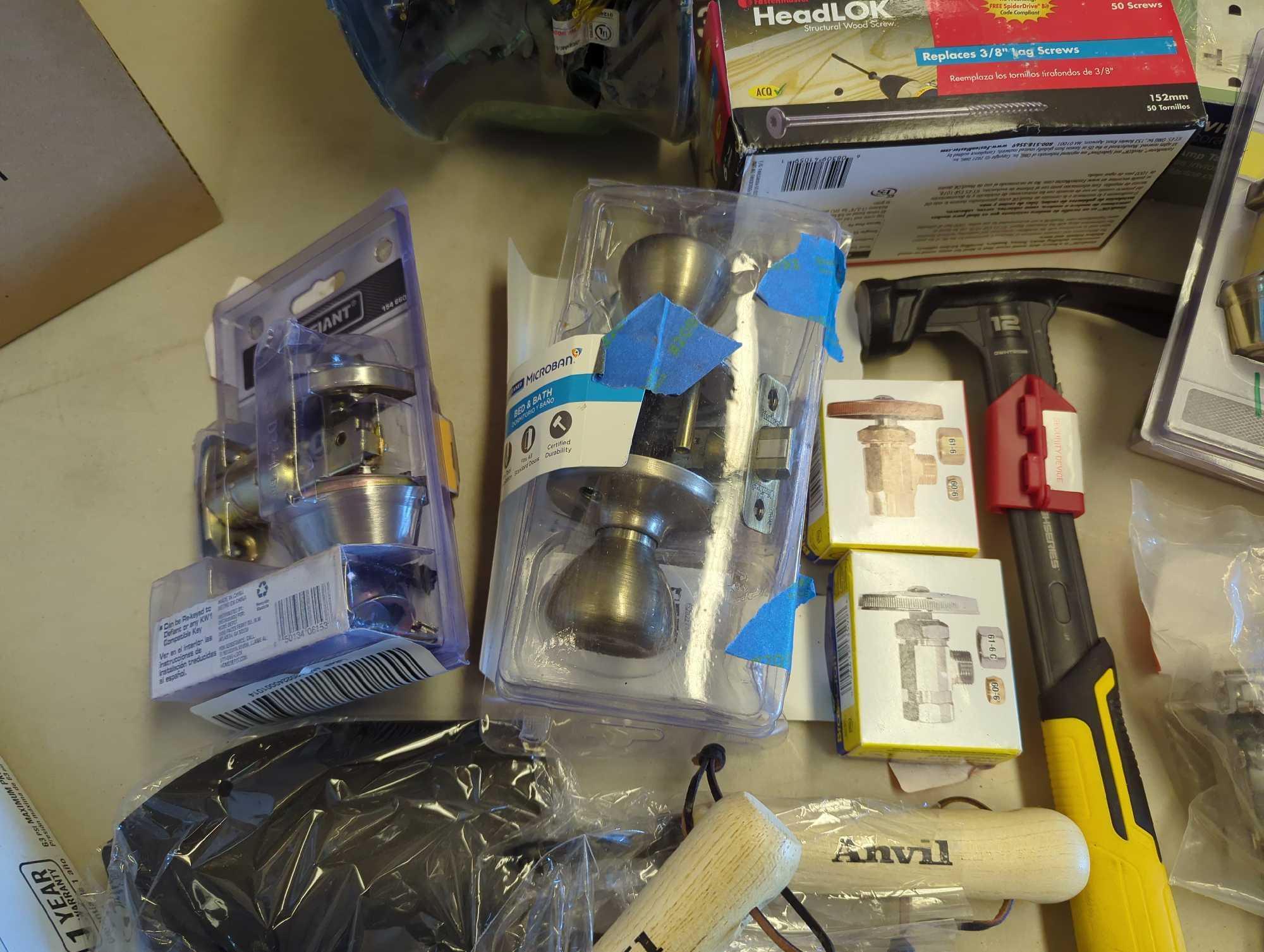 Box lot of assorted items including anvil hand trowel, basis designs form, tissue holder,