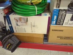 Shelf Mystery Lot of Assorted Items to Include, Flexon Medium Duty 50 Ft Garden Hose, Samsung Quick