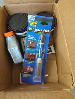 Box Lot of Assorted Items to Include, Orion Emergency Roadside Road Flares 3 Pack, Patch Wood Filler
