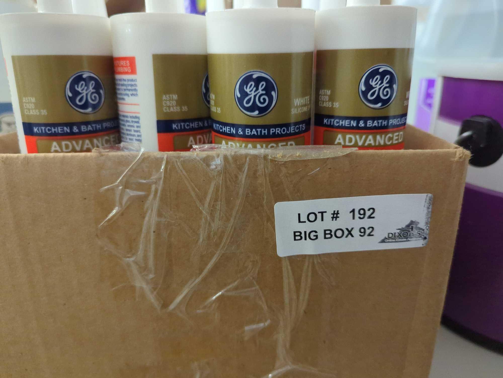 Box Lot of Assorted Items to Include, 13 GE Advanced Silicone 2 Caulk 10.1 oz Kitchen and Bath