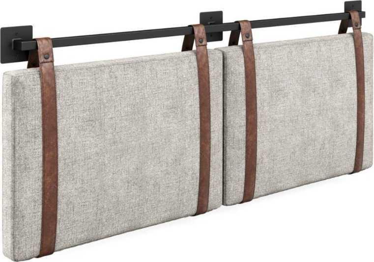Nathan James Harlow 62 in. Queen Wall Mount Gray Upholstered Headboard Adjustable Brown Straps and