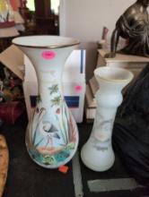 (LR) LOT OF (2) PAINTED GLASS FLOWER VASES. ORIENTAL THEMED. BOTH DEPICTING BIRDS. THEY MEASURE 12"T