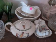 (LR) CHINA LOT TO INCLUDE: ADAM ANTIQUES BY STEUBENVILLE IRONSTONE GRAVY DISH, OVEN SERVE USA