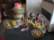 (LR) ANTIQUE KINGSBURY IRON AND TIN PUMPER TOY. ONLINE ESTIMATE $200-400 DOLLARS. DOES DISPLAY PAINT