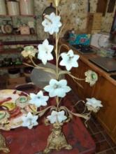 (KIT) PAIR OF ANTIQUE BRASS AND OPALINE FLOWER CANDLESTICK HOLDERS, IS MISSING SOME FLOWERS, MEASURE