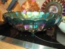 (KIT) IRIDESCENT BLUE CARNIVAL GLASS FRUIT BOWL, MEASURE APPROXIMATELY 12.5 IN X 4.5 IN X 8.5 IN,