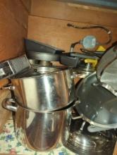 (KIT) Cabinet Lot of Assorted Items to Include, Teflon Small Frying Pan, Hand Held Food Grader,