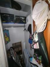 (HALL) CLOSET LOT OF MISCELLANEOUS ITEMS TO INCLUDE, HATS. MASKS, WALKER, BELLS, ETC