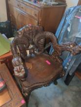 (BR1) ORNATE HAND CARVED ORIENTAL JAPANESE DRAGON CHAIR, DARK MAHOGANY FINISH, DISPLAYS COSMETIC