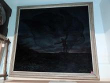(BR2) BENI WHITTLE ARTWORK ON FELT DEPICTING A MAN CASTING A NET INTO SOME WATER. DISPLAYED IN WOOD
