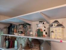(BR2) SHELF LOT TO INCLUDE A YELLOW HOUSE COOKIE JAR, A COW COOKIE JAR, BALL GLASS CANNING JARS,
