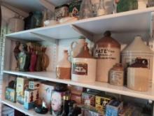 (BR2) SHELF LOT TO INCLUDE VARIOUS SIZED STONEWARE JUGS AND MISC. VINTAGE BEAMS/WILD TURKEY LIQUOR