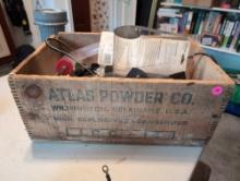 (BR2) VINTAGE ATLAS POWDER CO. WOOD ADVERTISING CRATE WITH CONTENTS OF MISC.