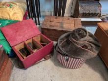 (BR2) SHELF LOT OF VINTAGE ITEMS TO INCLUDE A F.W. WOOLWORTH CO. WOODEN CRATE WITH MISC. TINS, A RED