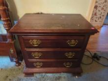 (BR3) KINCAID CHERRY 3 (DR)AWER SIDE TABLE, DIMENSIONS - 24" H X 26" W X 16" D, APPEARS TO HAVE SOME
