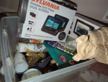 (LR) TOTE LOT OF MISCELLANEOUS ITEMS TO INCLUDE, ANGEL LEDGE SITTER, SYLVANIA PORTABLE DVD PLAYER,