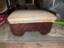 (LR)ANTIQUE MAHOGANY UPHOLSTERED FOOTSTOOL, IN GOOD CONDITION FOR THE ITEMS AGE, 11 1/4"X 9"W 6"H