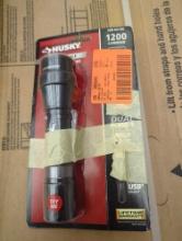 Box Lot of Assorted Items Including Husky 1200 Lumens Dual Power LED Rechargeable Focusing