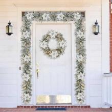 Glitzhome 9 ft. Pre-Lit Snow Flocked Greenery Pine Poinsettia Artificial Christmas Garland, with 50