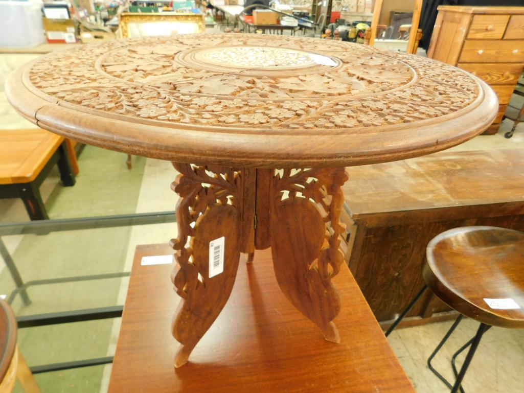 Teak Carved Table with Inlay