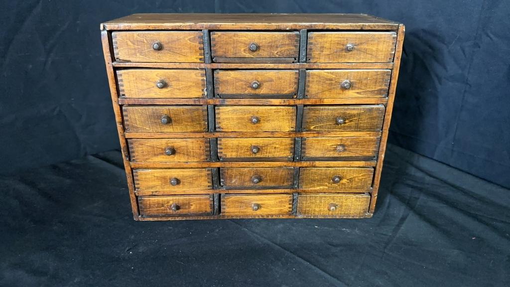 1900s WOOD TABLETOP APOTHECARY CABINET