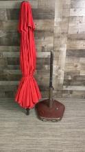 RED PATIO SHADE UMBRELLA & WEIGHTED STAND