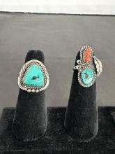 2) NATIVE AMERICAN SILVER, TURQUOISE RINGS. 14G
