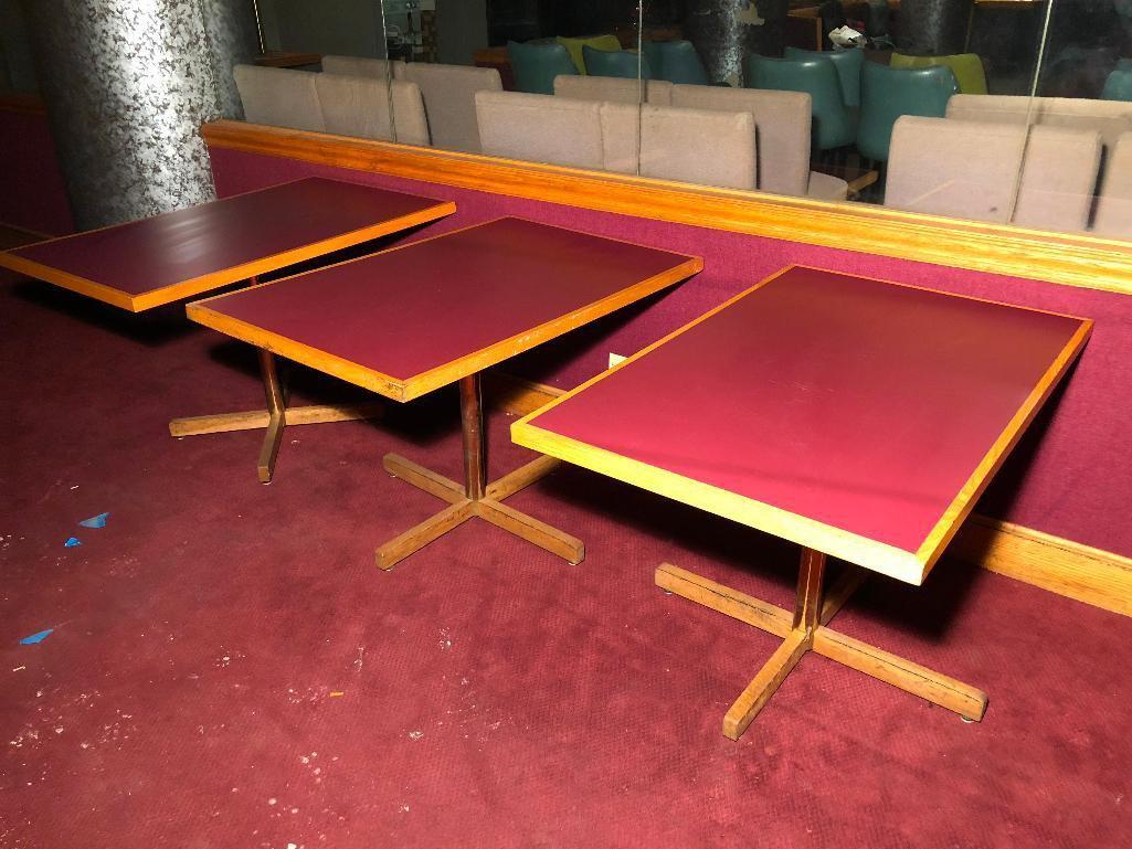 Lot of 3 Restaurant Tables, 48" x 30", Iron Base, Formica Top w/ Wood Trim