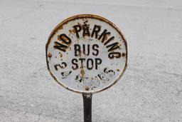 Bus Stop / No Parking Sign on Lollipop Sign Stand and Base