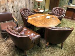 Vintage 1970's Furniture - 2 Desks w/ Chairs, Octagon Table, (4) Leather Chairs, End Table w/ Lamp