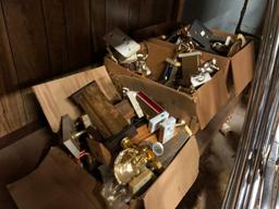 Contents of Shelving Unit - Lot of Hangers, Old Trophies, Trophy Parts, Old Sporting Goods, Braces,