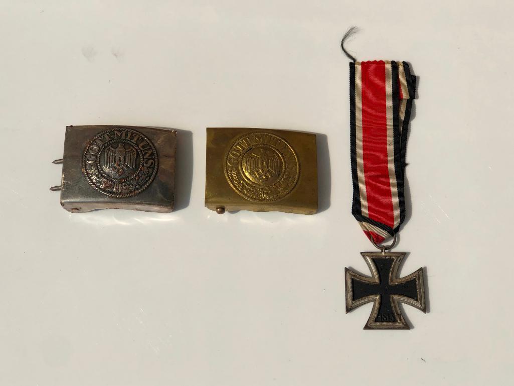 1939 Swastika Iron Cross Medal & 2 Nazi German Belt Buckles