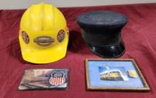 Vintage Union Pacific Railroad UP RR Items, Small Wallet, Hardhot, Conductors Cap and Framed Pin