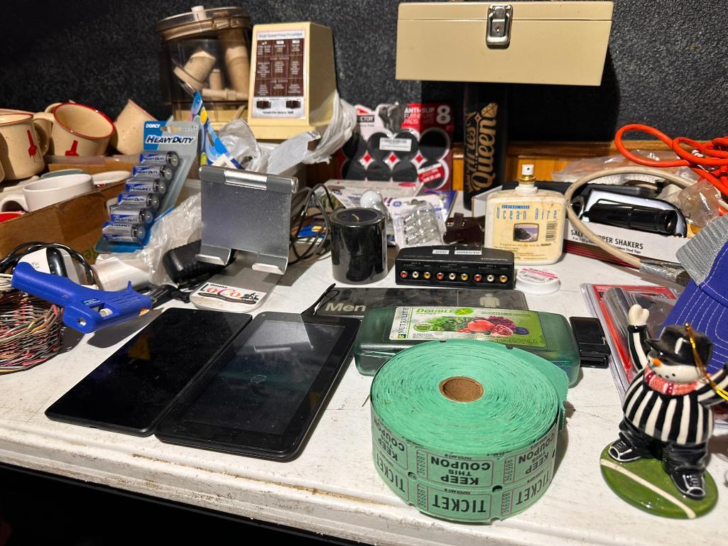 Large Random Group of Misc. Supplies, See Images for Details, Tablets, Cash Box, Mugs, Electrical,