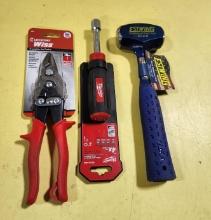 3 New Tools, Crescent WISS Snips, Milwaukee Nut Driver, Estwing B3-2LB Steel Drilling Hammer