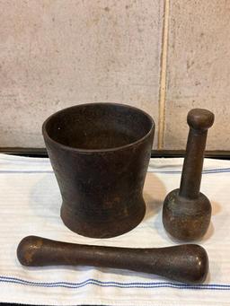 Incredibly Heavy Antique Cast Iron Mortar and Pestle Set