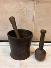 Incredibly Heavy Antique Cast Iron Mortar and Pestle Set