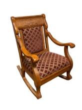 Amish Crafted Country Road Solid Oak Rocking Chair, w/ Upholstered Cushioned Seat & Seat Back