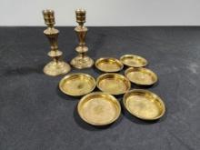 Set of 9 Brass Plates and Candleholders
