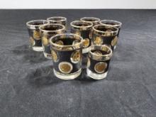 Set of 8 Vintage Gold Coin Tumblers or Whiskey Glasses & 1 Matching Shot Glass