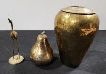 Decorative Brass Vase, Stork and Pear