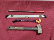 Assorted Tools; Crow Bars, Level, Hammer